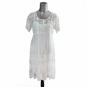 Romantic White Lace Mesh Babydoll Midi Dress Large Cottagecore Fairycore Angelic